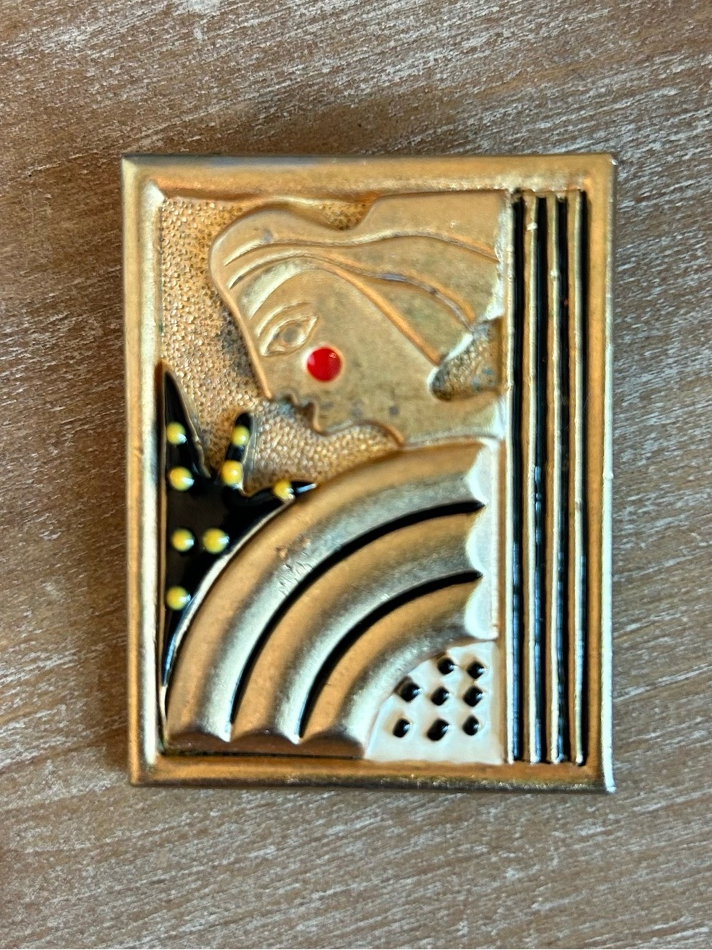 Vintage Gold Tone Art Deco Statement Brooch with Black and Red Accents